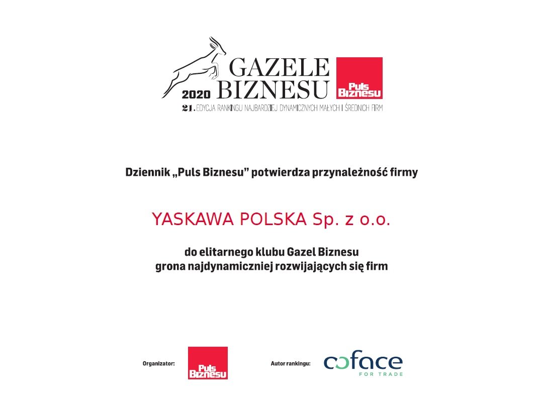 Certyfikat "Gazele Biznesu" dla Yaskawa Polska | © Yaskawa Polska